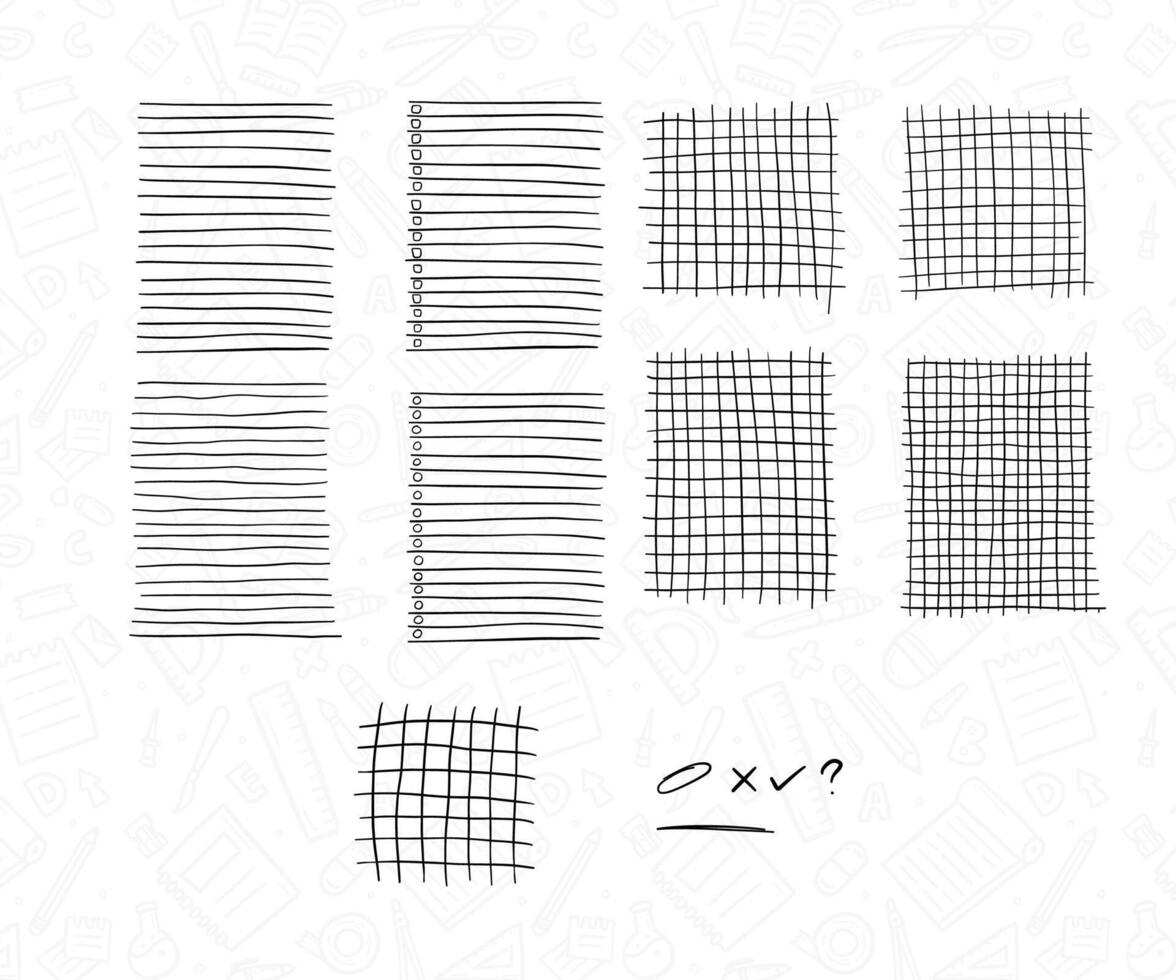 doodle line grid and notebook stripe line grid hand drawing collection with check mark, underline, circle stroke, question mark symbol and check list vector