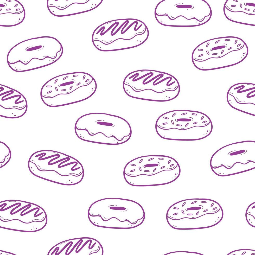 doodle donuts and bitten donuts hand drawn purple line art seamless pattern design on white background vector