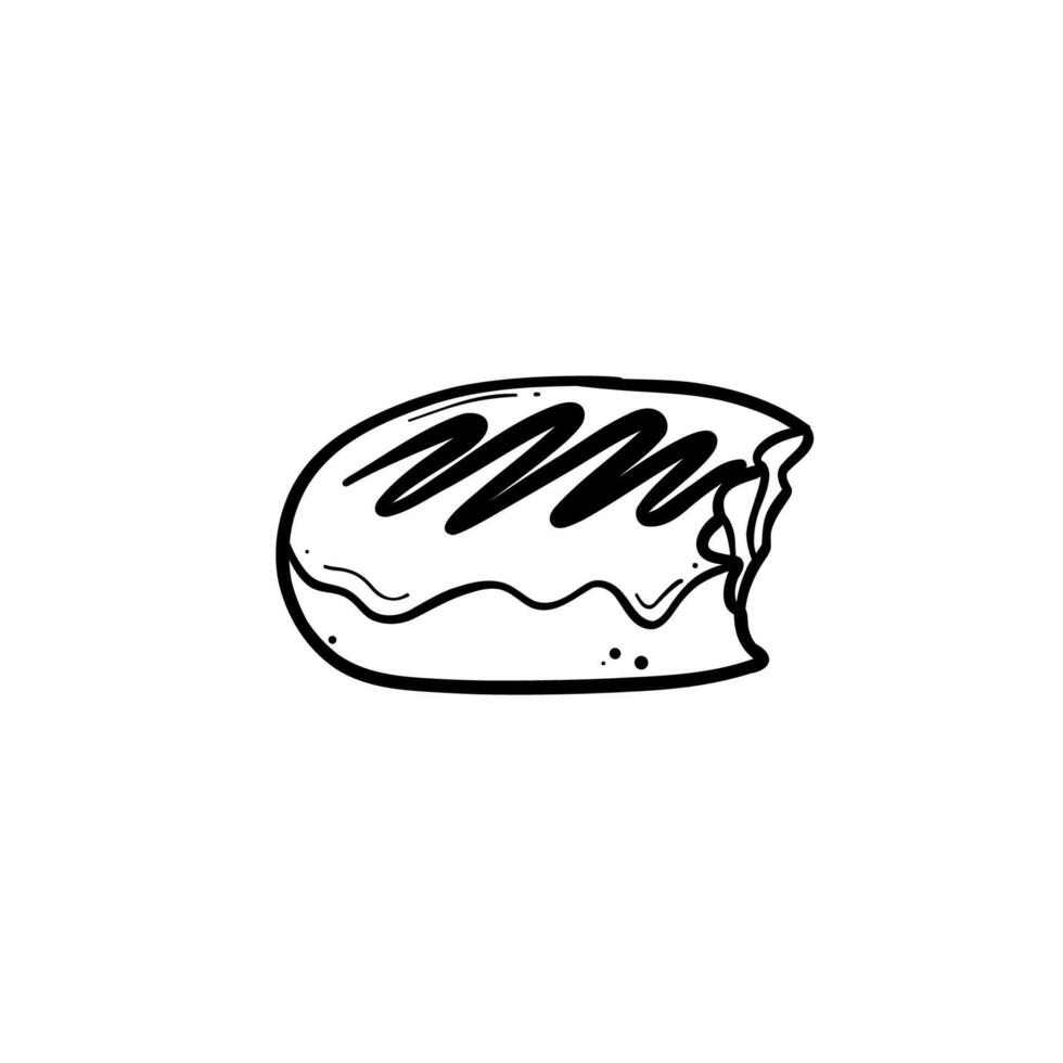 bitten donut pastry doodle line art with glaze side view hand drawn illustration black line on white isolated background vector