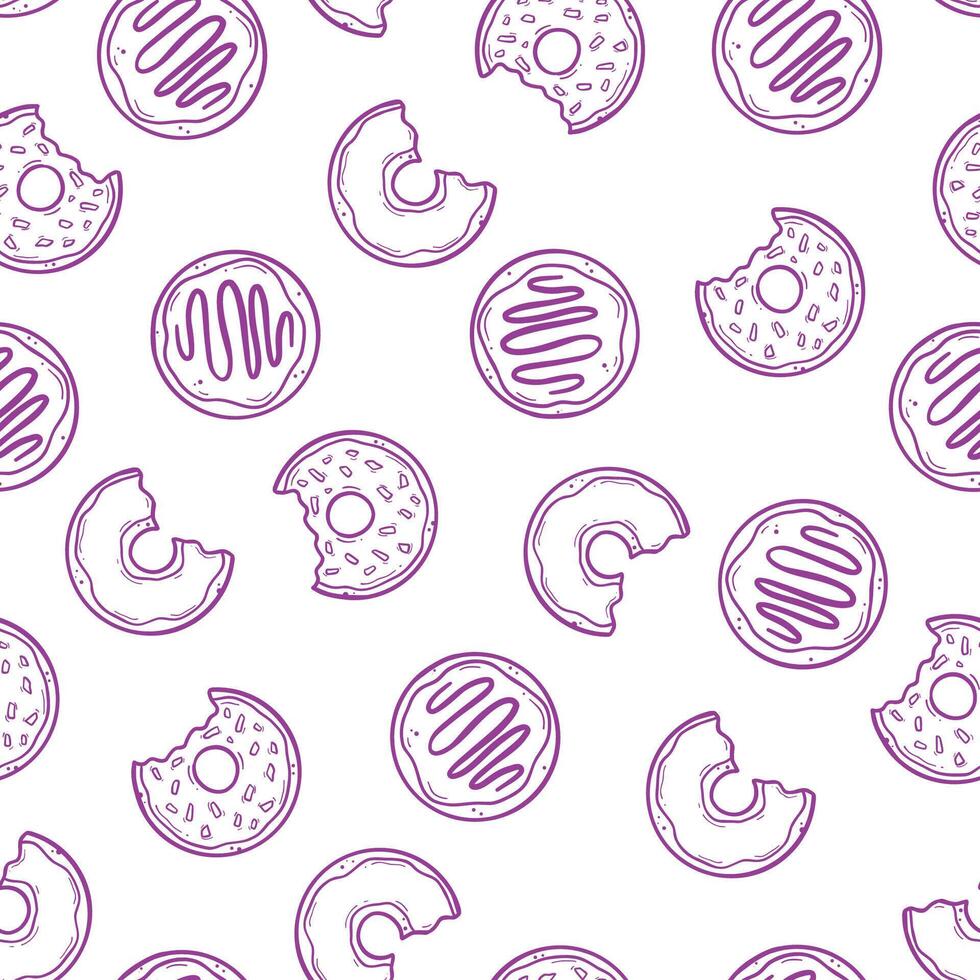 doodle bitten donuts hand drawn line art top view seamless pattern for design background vector