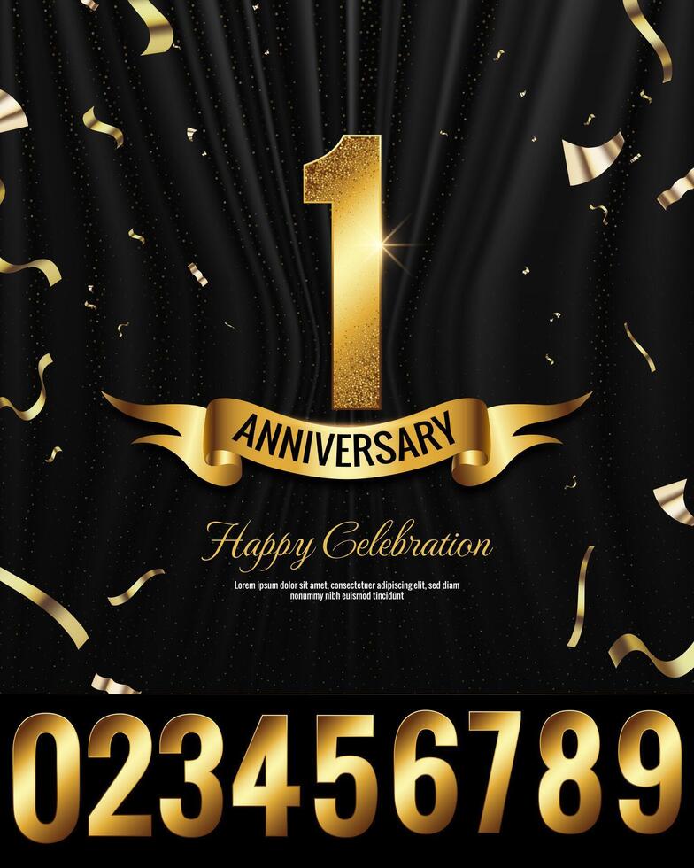 Elegant 1 Year Anniversary Celebration Banner template with Golden Numbers, ribbon, confetti and sparkling dot halftone glitters vector