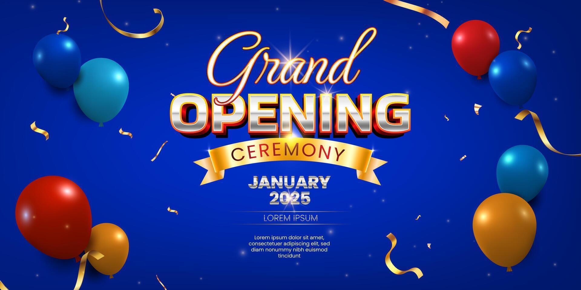Luxury grand opening ceremony blue banner, golden confetti and ribbon, shiny balloon and glitters vector