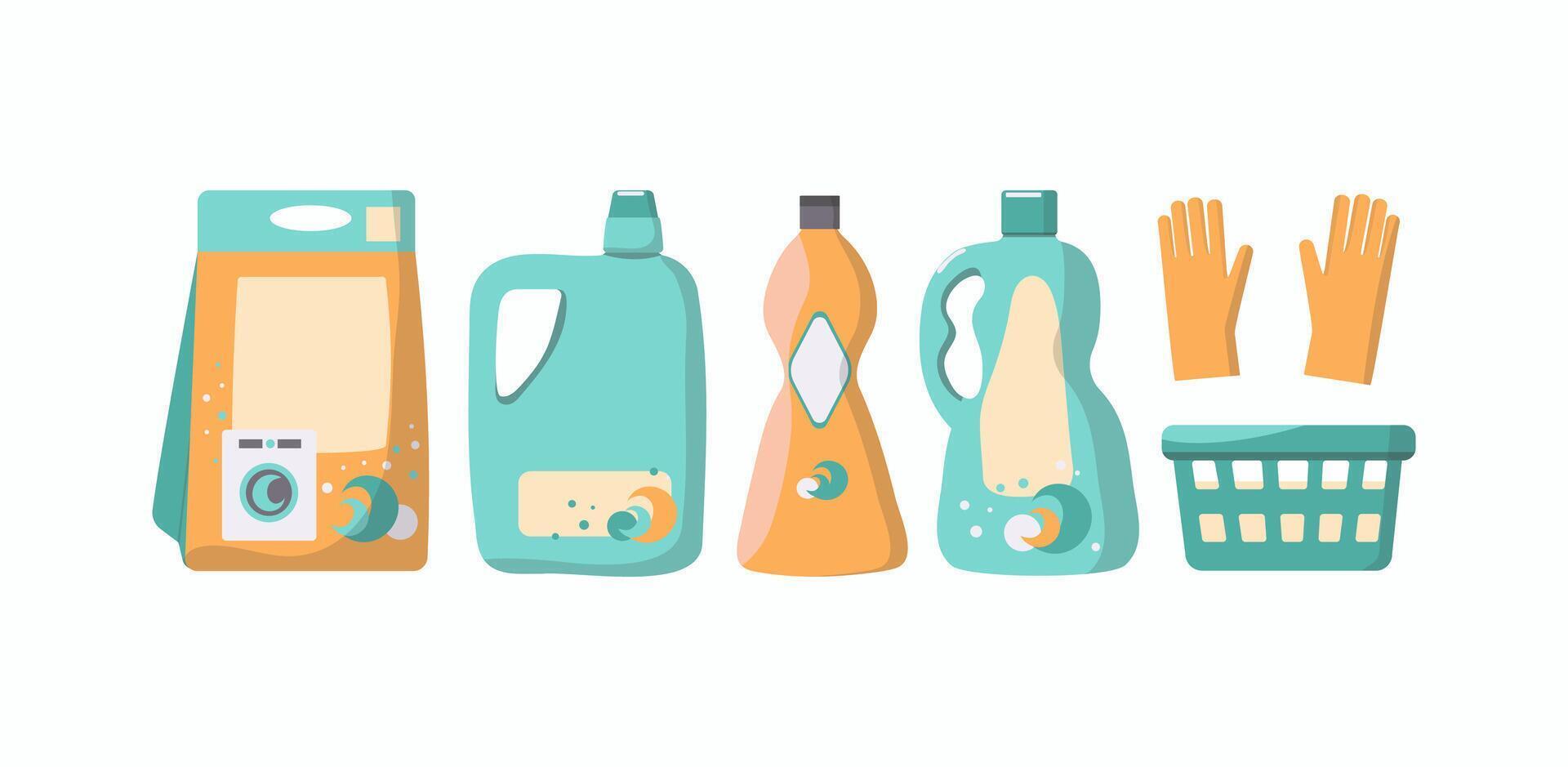 A set detergents for washing in washing machine. Household products for home hygiene, washing, cleaning. Packages, bottles with household chemicals. Linen in basket, gloves. vector