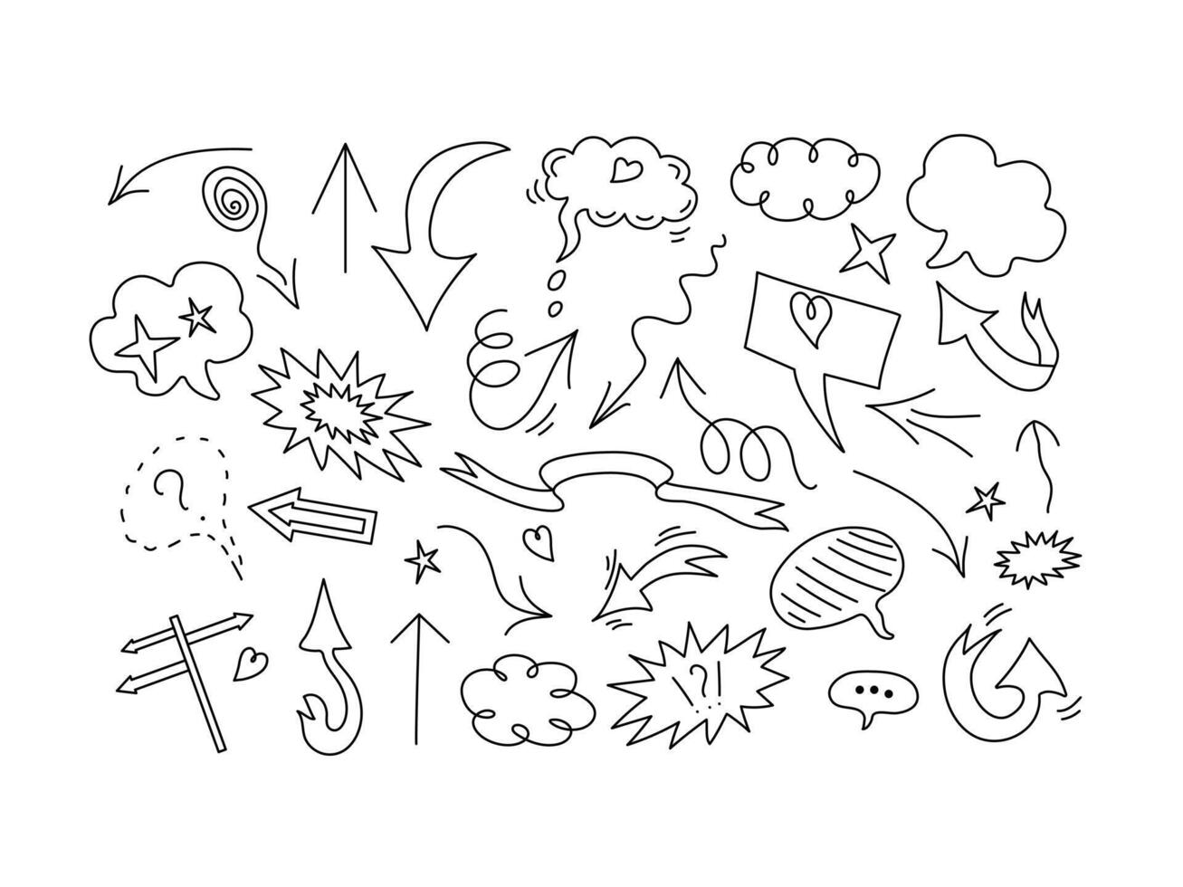 Doodle elements set. Arrows, heart, items for conceptual design. Speech bubble, cloud for text. White icons, isolated background. vector