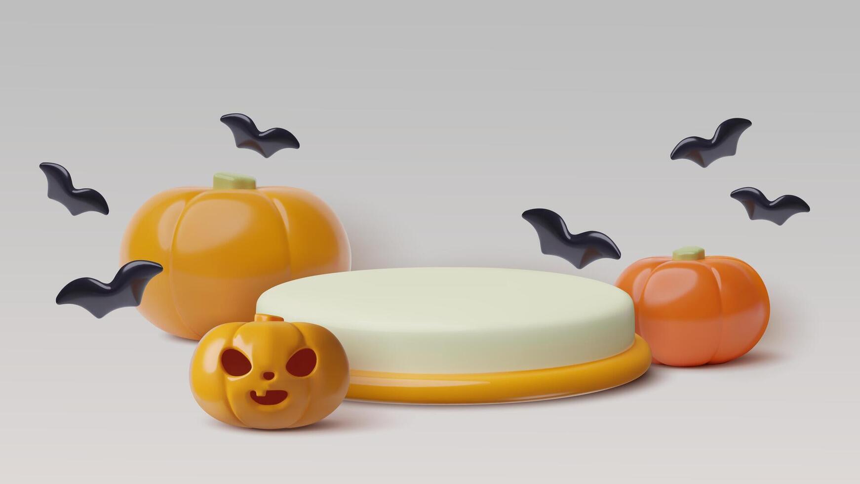 Halloween realistic podium with 3D pumpkins, Jack Lantern and flying black bats. Product background design with cartoon plastic three dimensional elements. for holiday sales and promotions. vector
