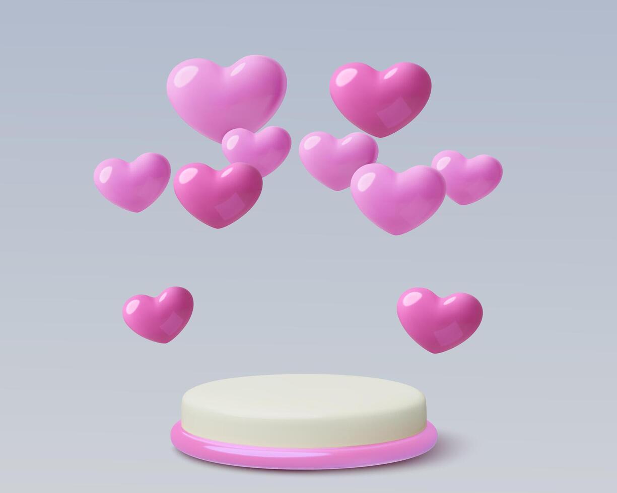 Valentine's day podium with glossy pink hearts arch romantic 3D product background for February 14 vector
