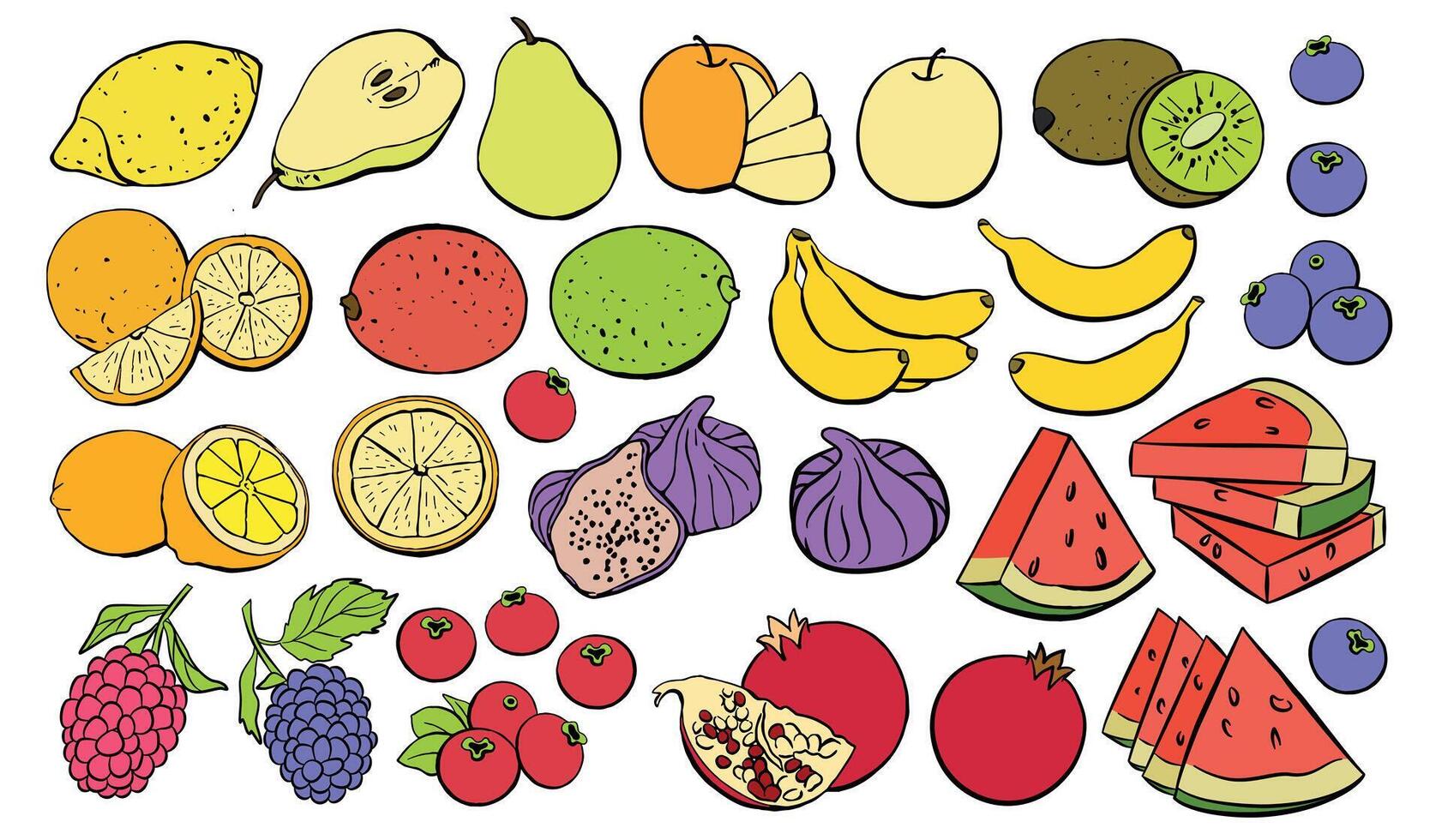 Fruit colored icon set isolated on white background. Vegetarian food illustration for the menu of restaurants, markets and shops, websites, textile patterns. vector