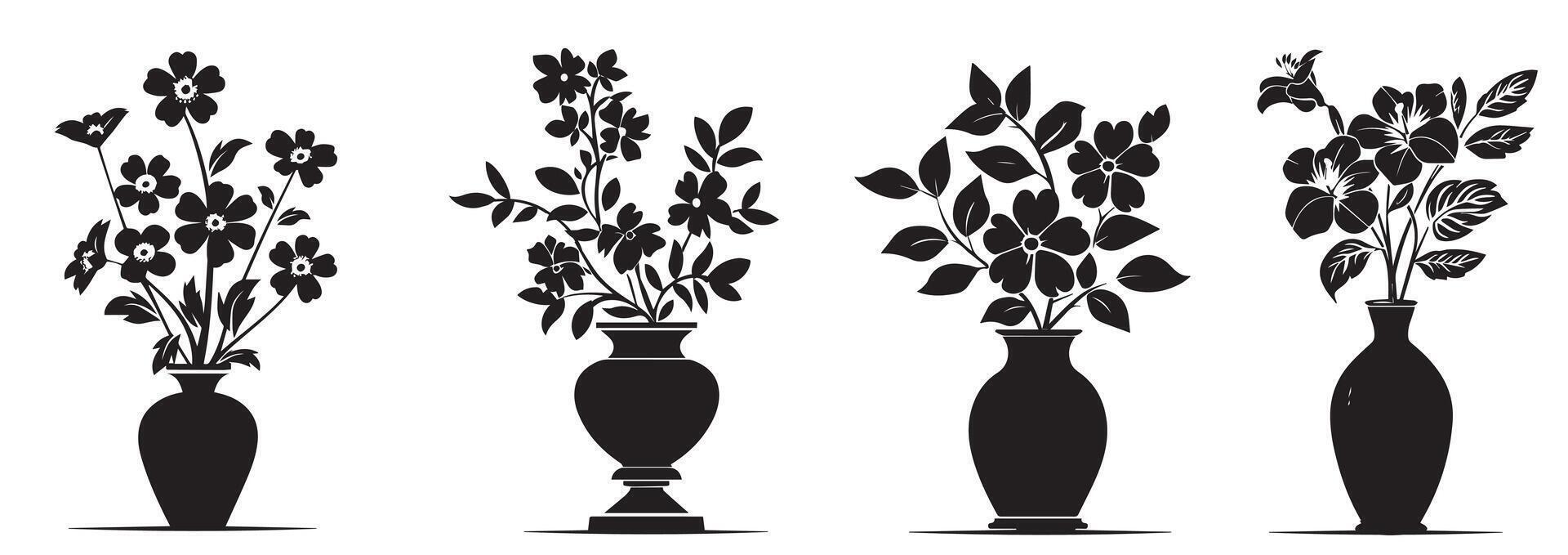 Matisse curves aestethic. Elegant Black Silhouette Vases with Flowers. Organic floral doodle shapes in trendy naive retro hippie 60s 70s style. Trendy minimal botanical style for poster, logos, covers vector