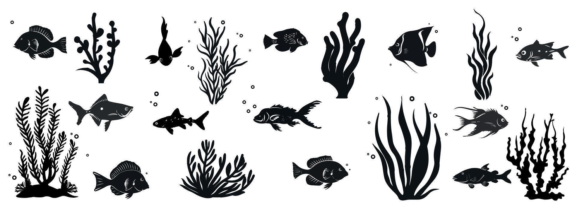 Silhouette Collection of Fish and Seaweed Illustration. Summer marine retro collection. Marine Life Set. Ocean animal illustration vector