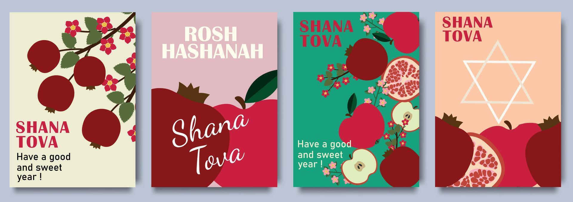 Rosh Hashanah Greeting Cards Set with Pomegranates, Apples and Star of David. Shana Tova. Judaism Shana Tova Holiday Backgrounds. Festive Event Invitation Set. vector
