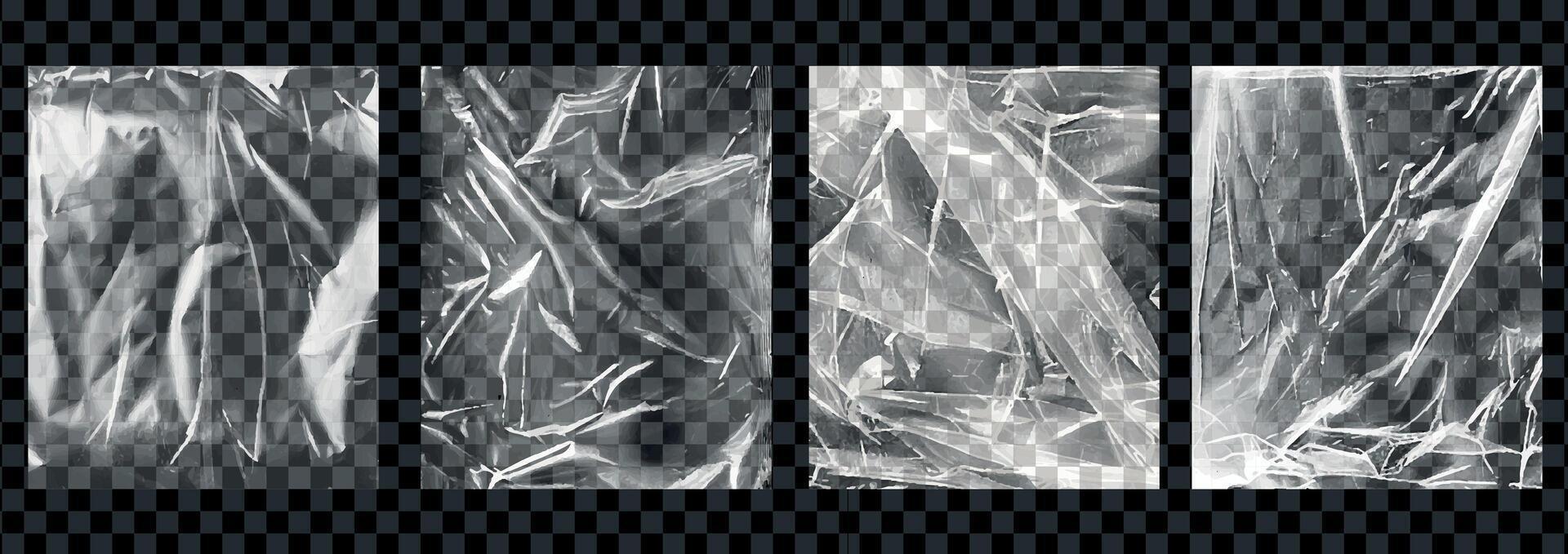 Transparent Plastic Wrap Texture Collection. Set Realistic Wrinkled Plastic Film Overlays on Transparent Background. Realistic set of square plastic package mockup vector