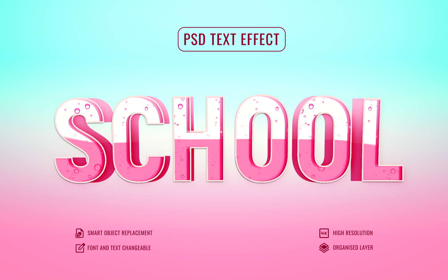 3d school text effect with pink and blue background psd
