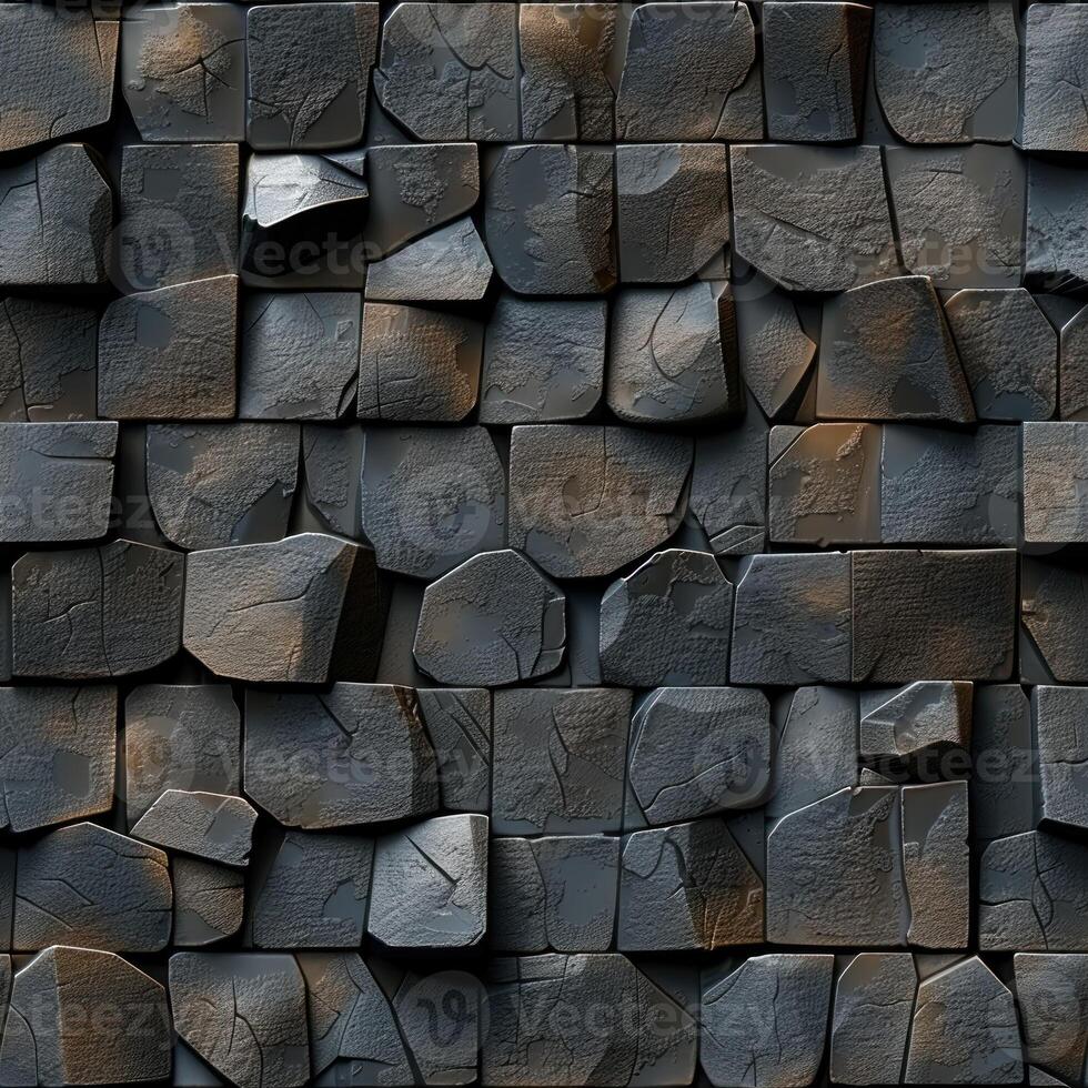 Tumbled Cobble Limestone Stone wall with a repeating pattern of textured stone squares in earthy tones photo