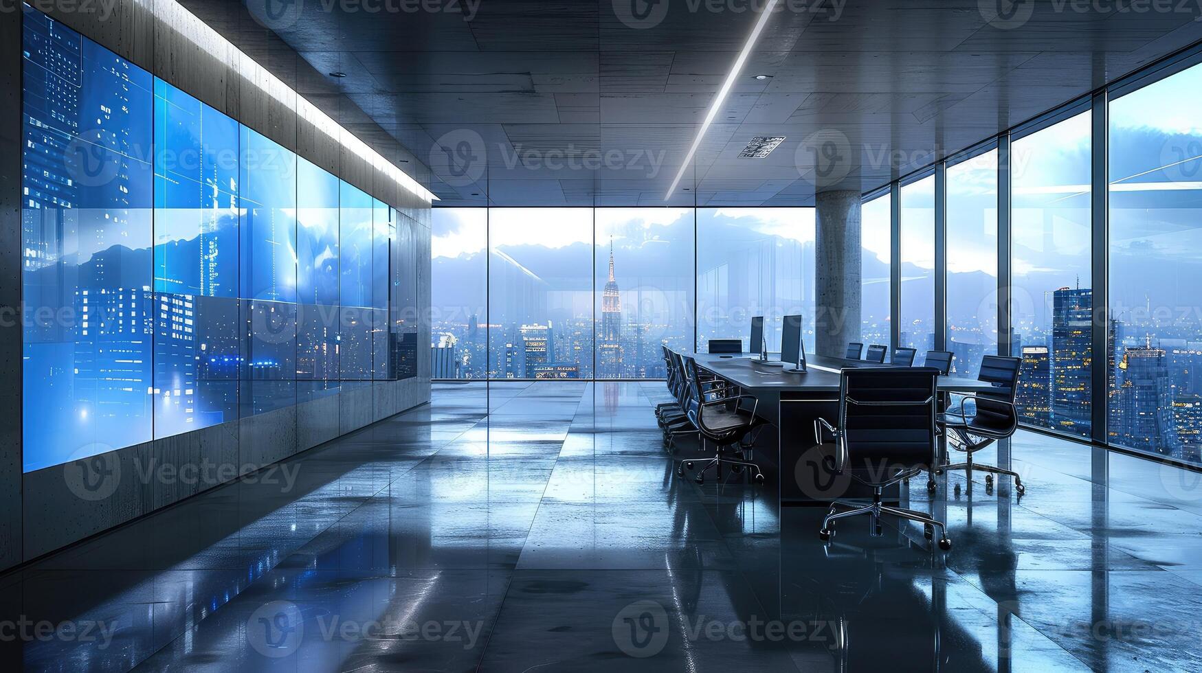 Futuristic office building with transparent walls and digital displays photo