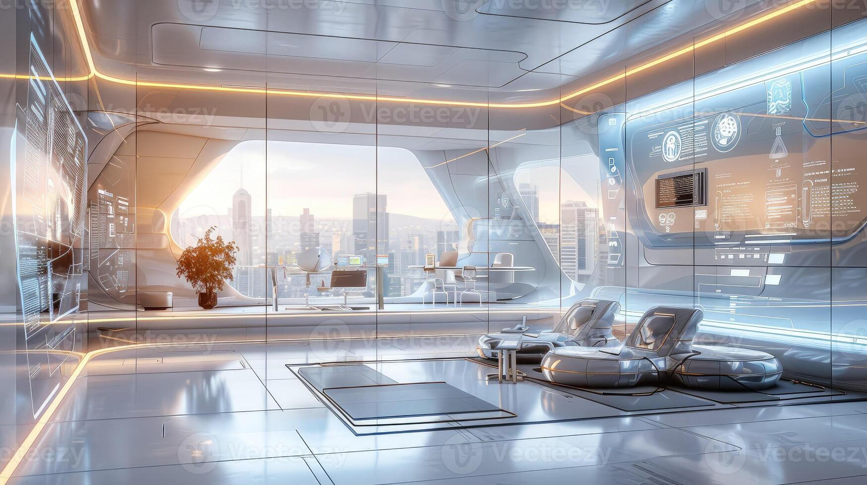 Futuristic office building with transparent walls and digital displays photo