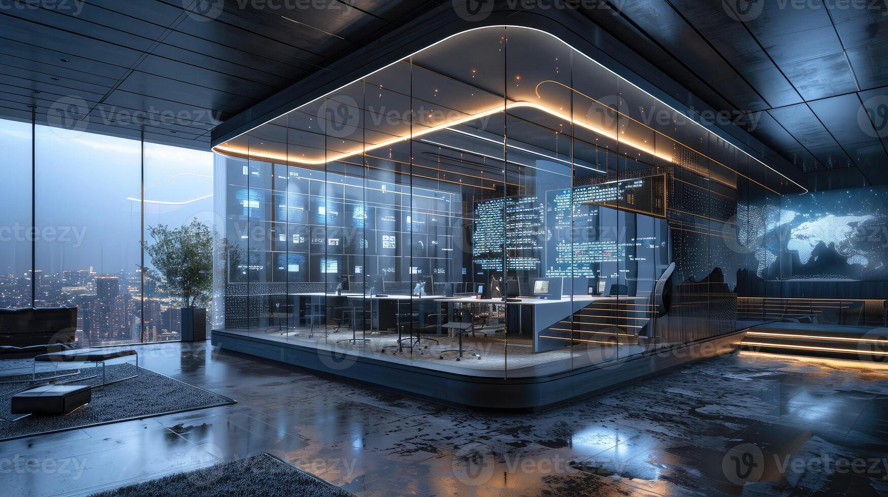 Futuristic office building with transparent walls and digital displays photo