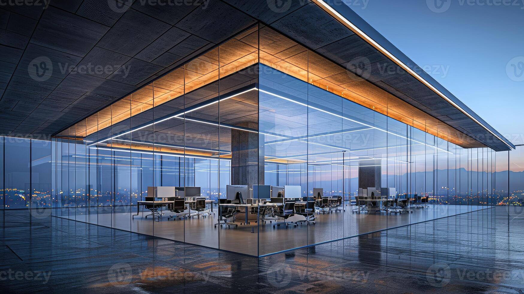 Futuristic office building with transparent walls and digital displays photo
