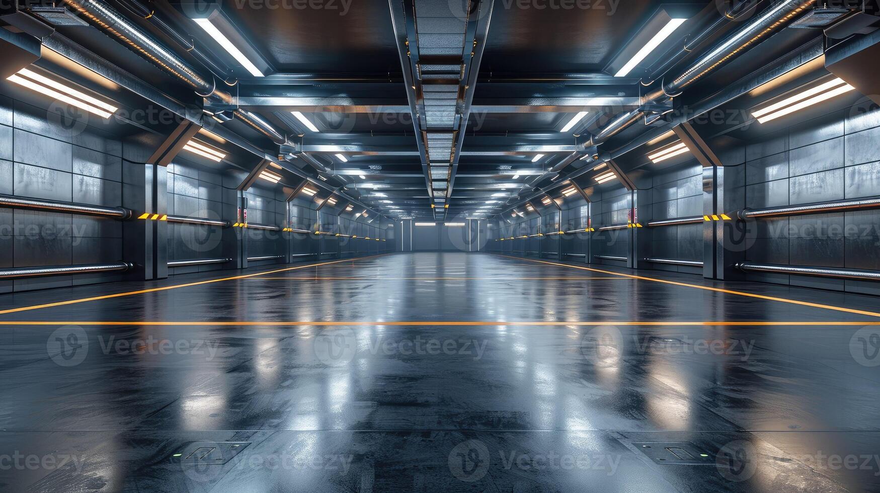 Empty futuristic garage with smooth, polished floors and lighting photo