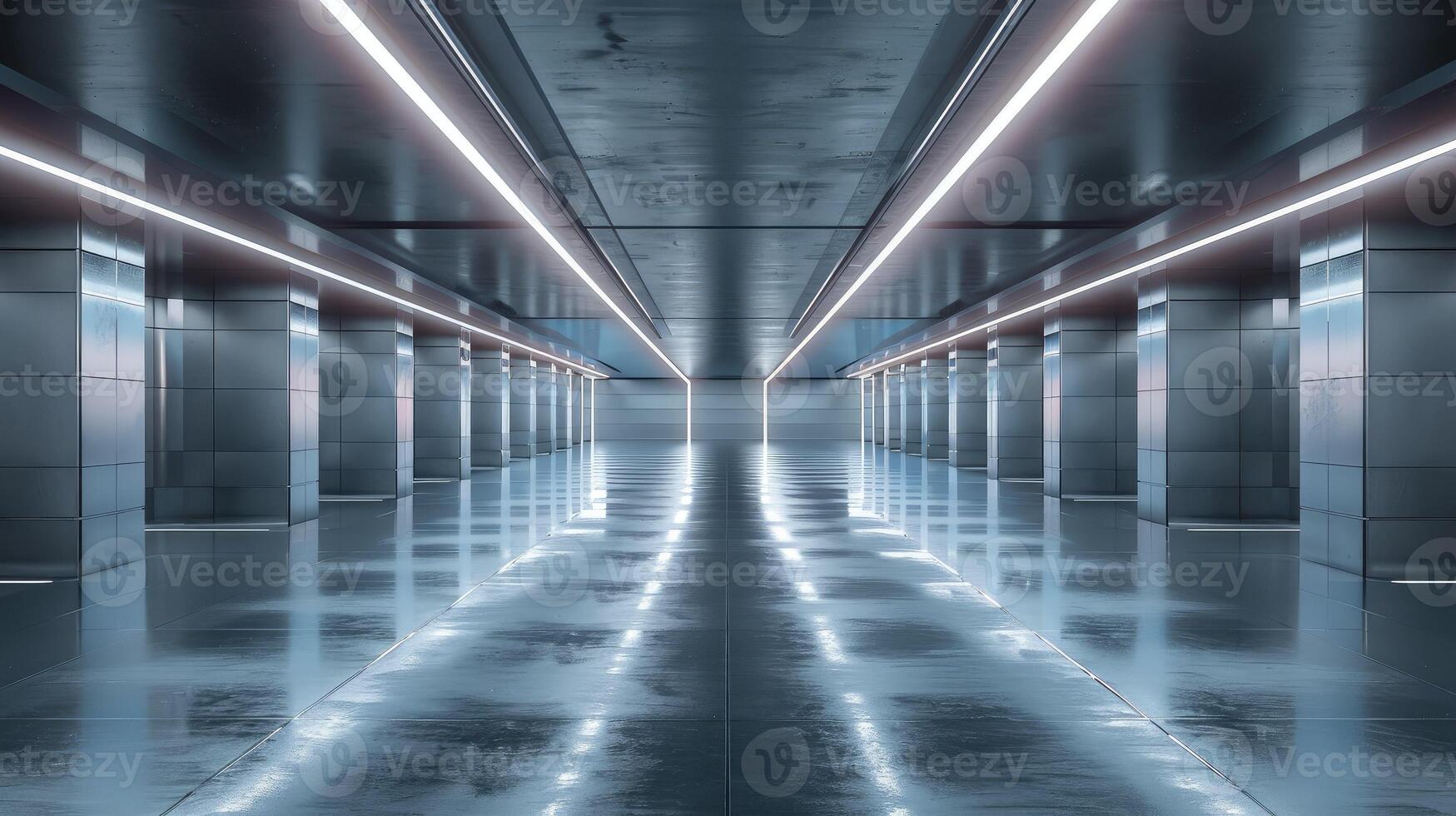 Empty futuristic garage with smooth, polished floors and lighting photo