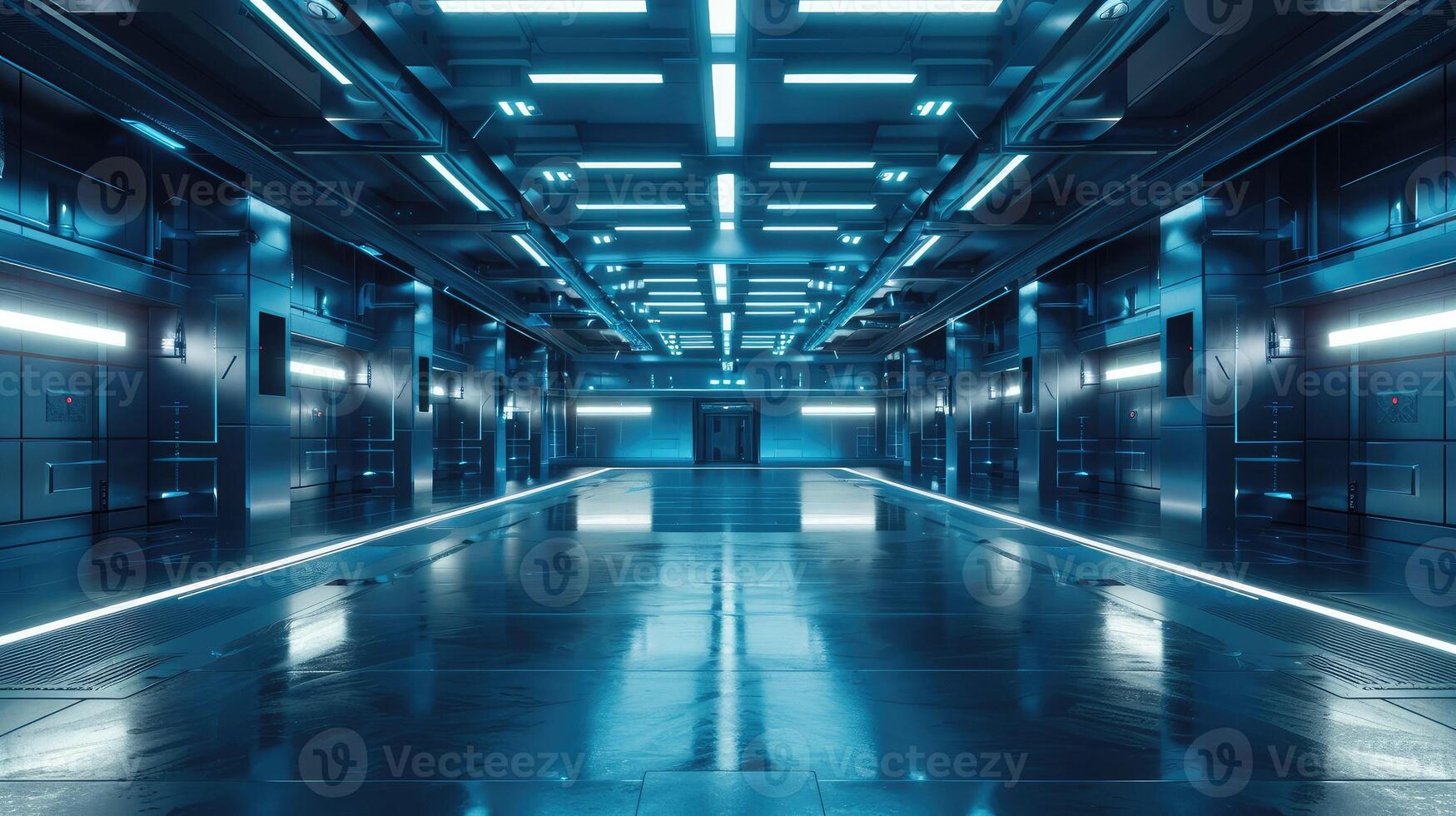 Empty futuristic garage with smooth, polished floors and lighting photo