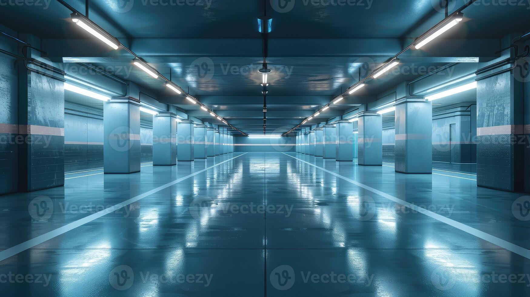 Empty futuristic garage with smooth, polished floors and lighting photo
