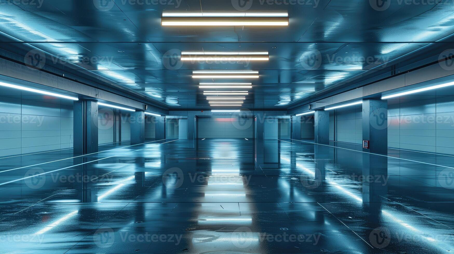 Empty futuristic garage with smooth, polished floors and lighting photo