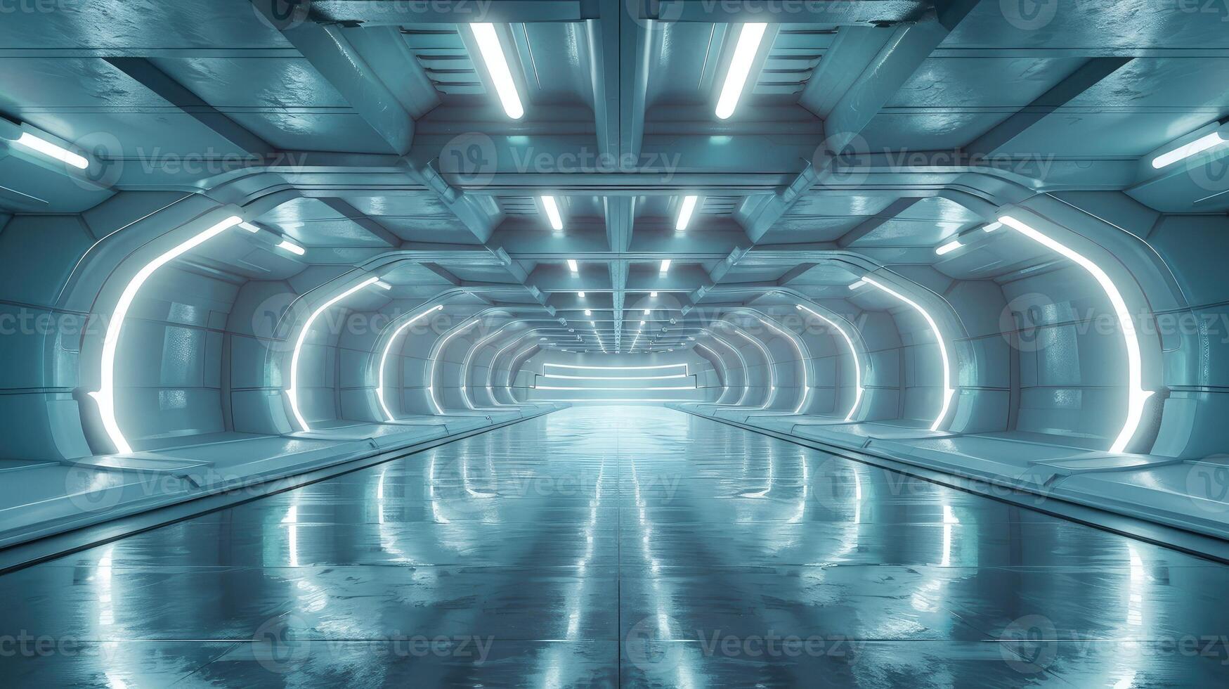 Empty futuristic garage with smooth, polished floors and lighting photo