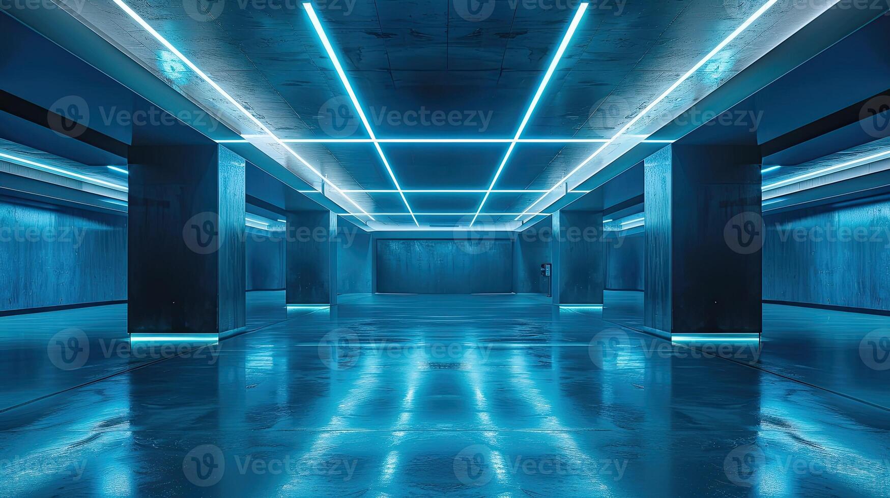 Empty futuristic garage with smooth, polished floors and lighting photo