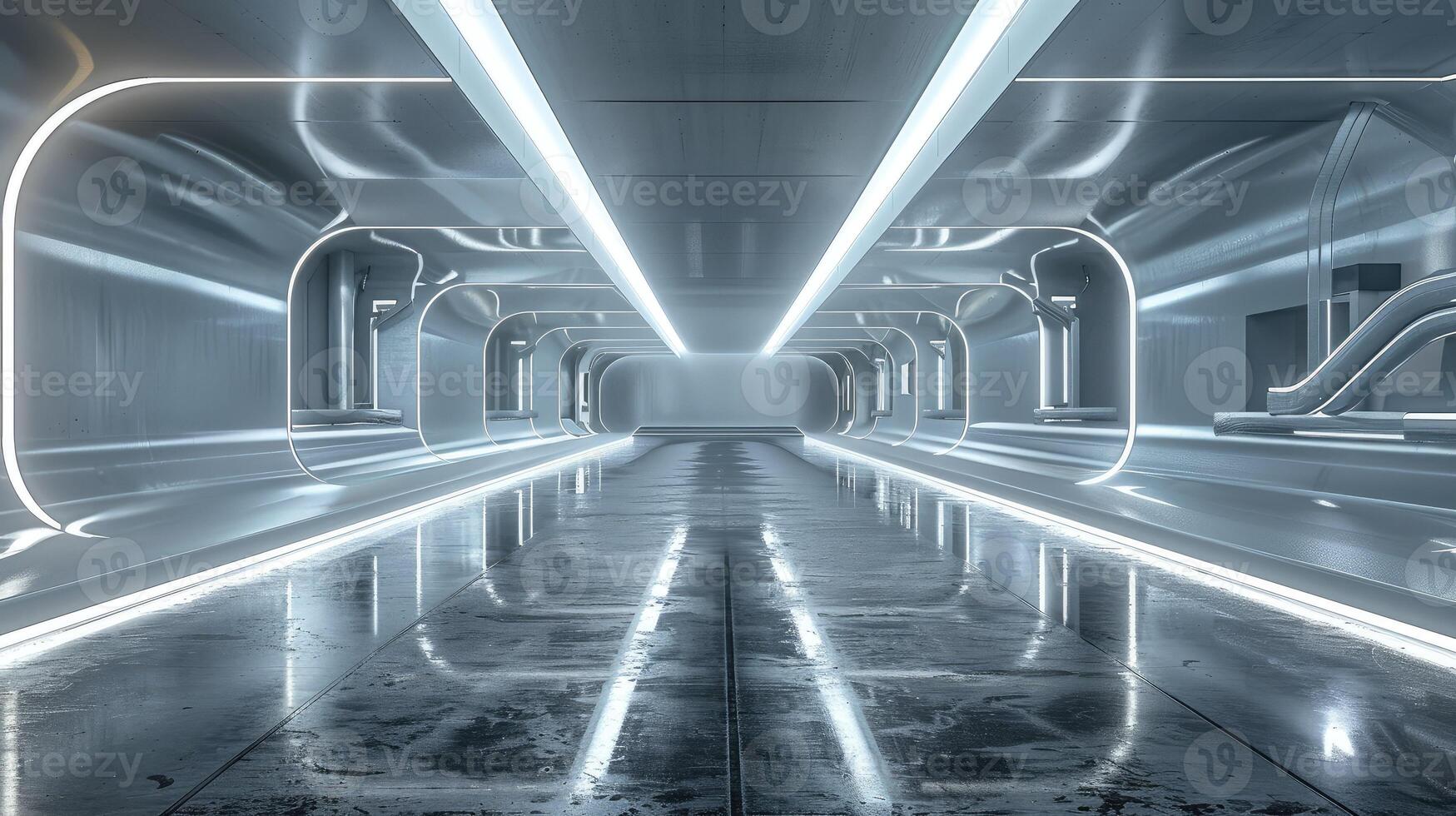 Empty futuristic garage with smooth, polished floors and lighting photo