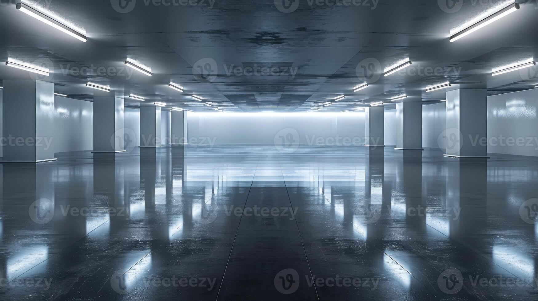 Empty futuristic garage with smooth, polished floors and lighting photo