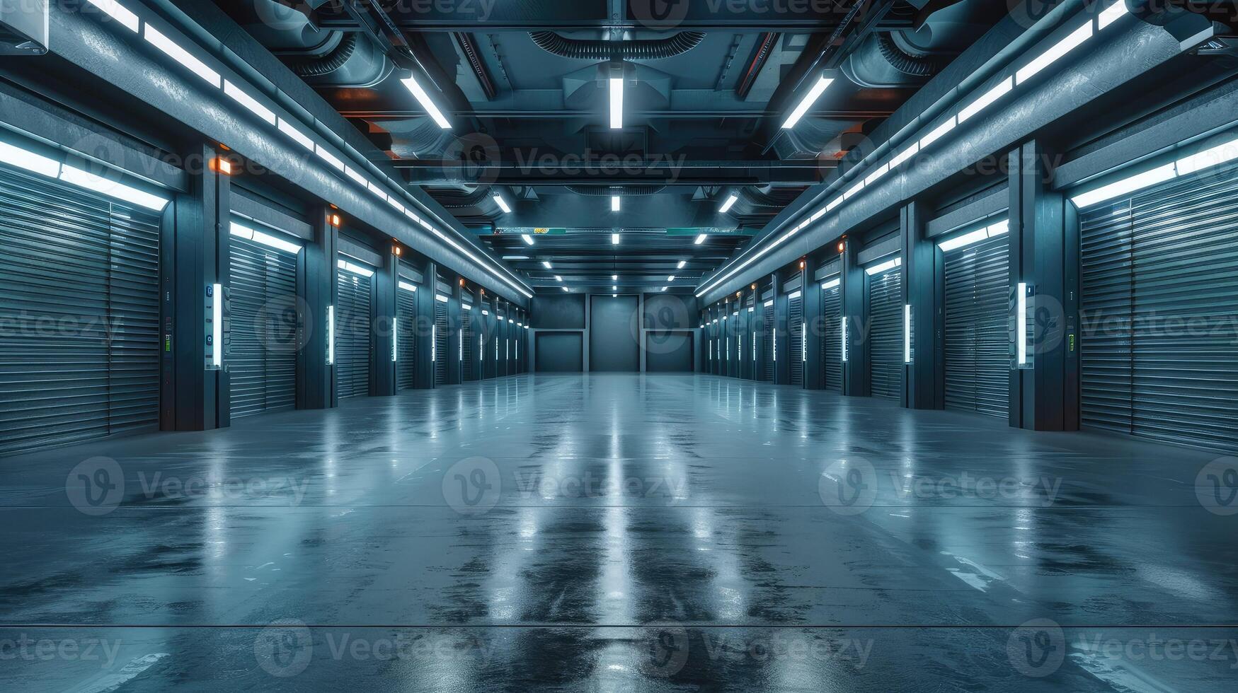 Empty futuristic garage with smooth, polished floors and lighting photo