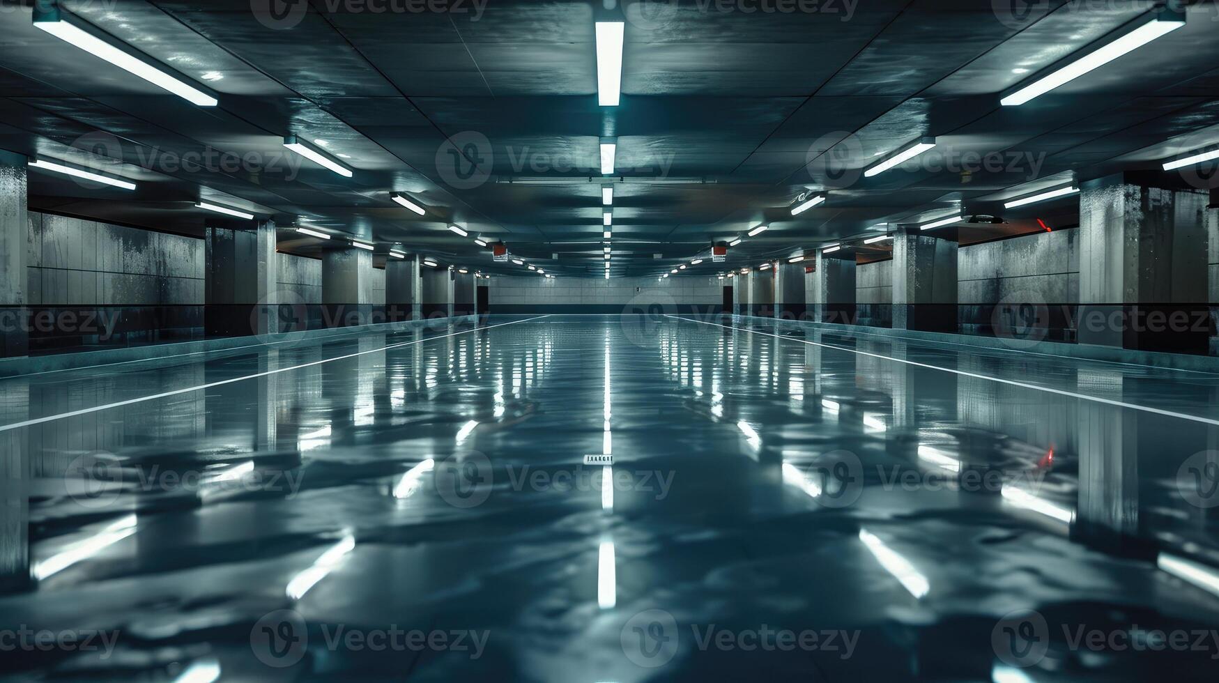 Empty futuristic garage with smooth, polished floors and lighting photo