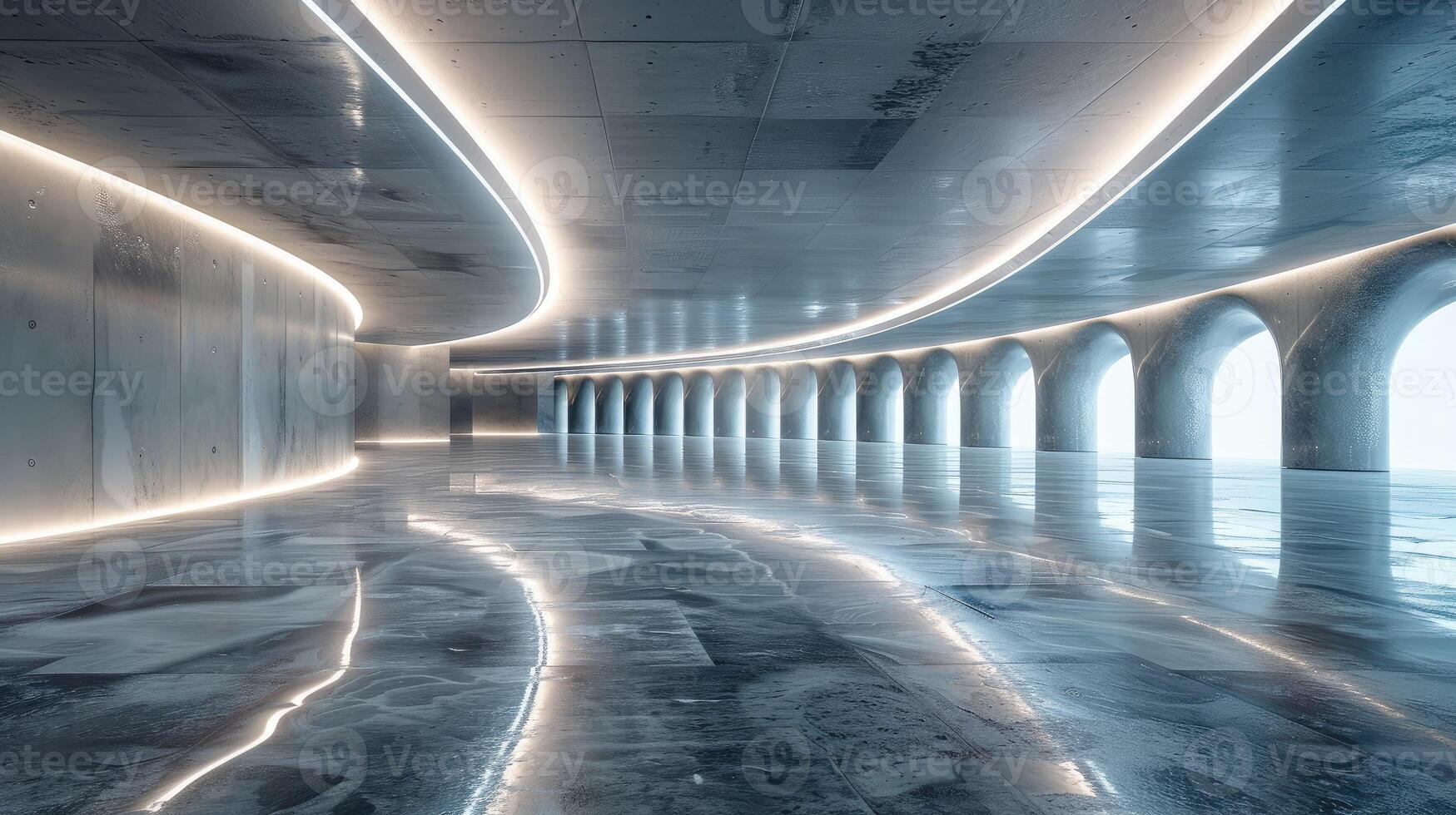 Empty futuristic garage with smooth, polished floors and lighting photo