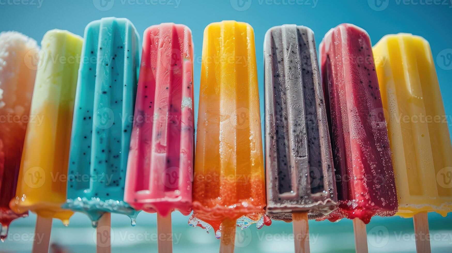 Colorful popsicles lined up in a row on a summer day photo