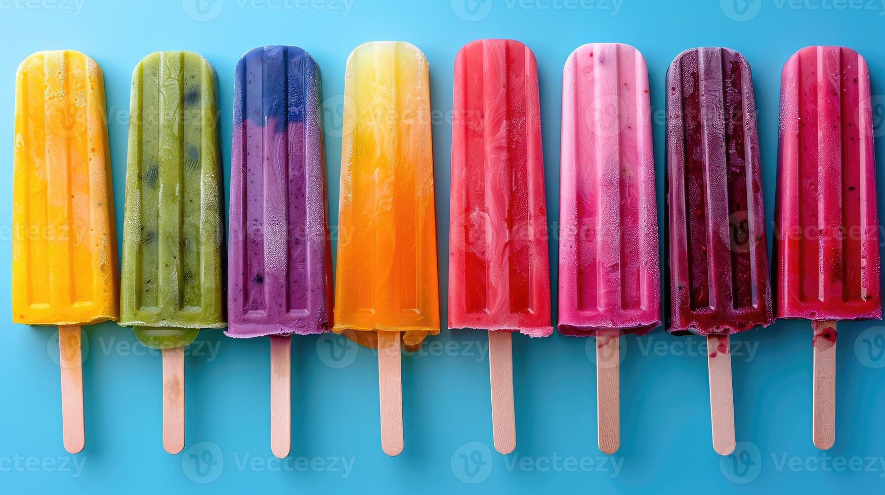 Colorful popsicles lined up in a row on a summer day photo