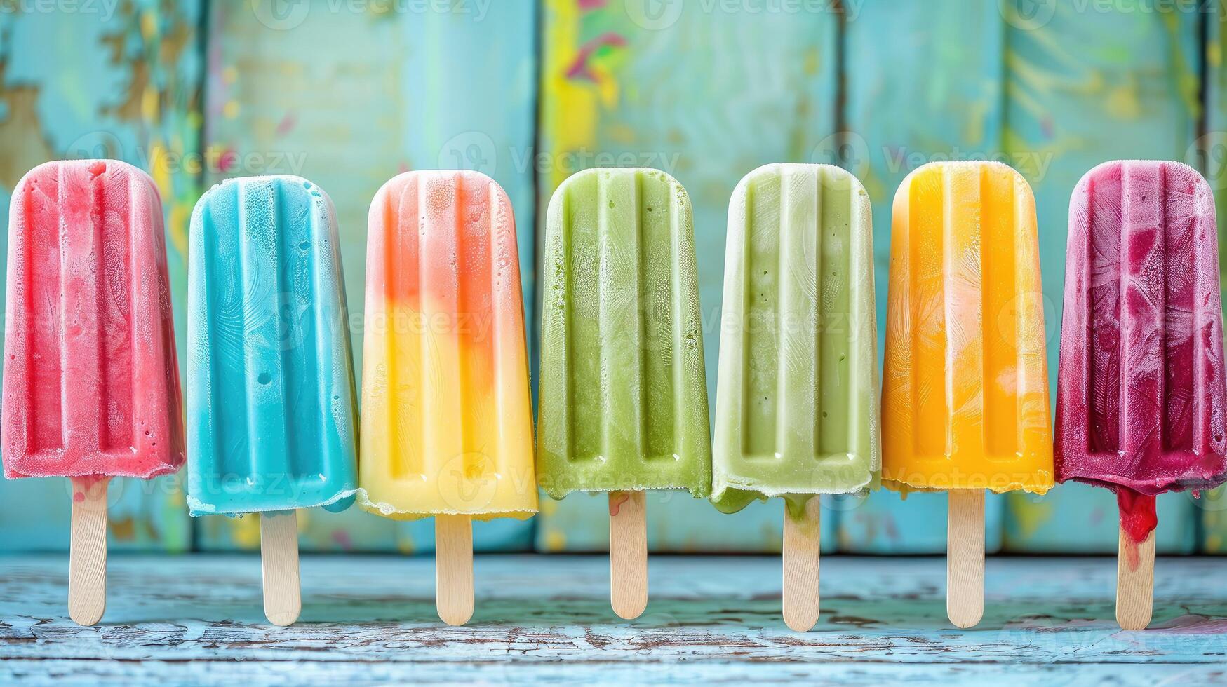 Colorful popsicles lined up in a row on a summer day photo