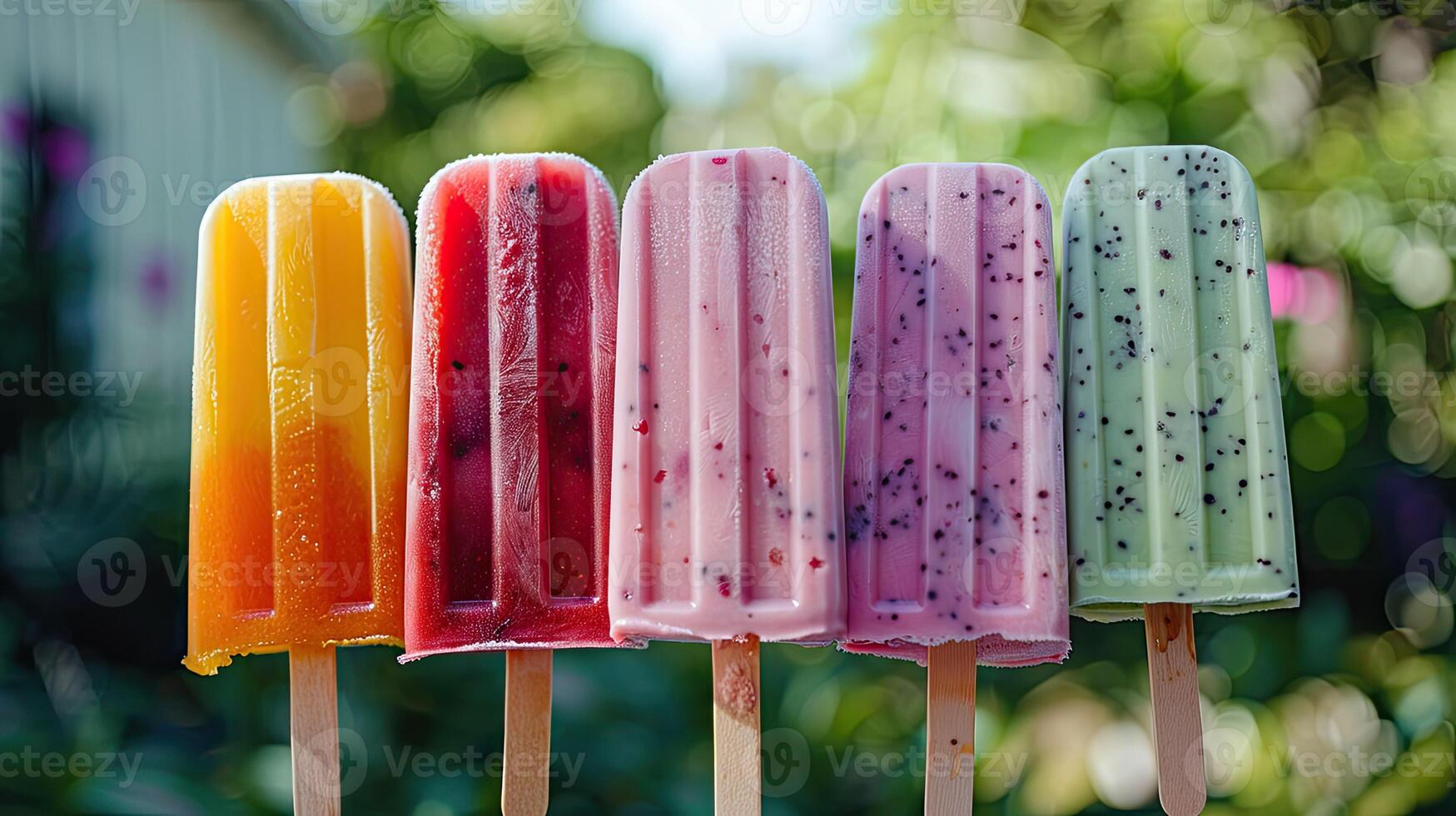 Colorful popsicles lined up in a row on a summer day photo