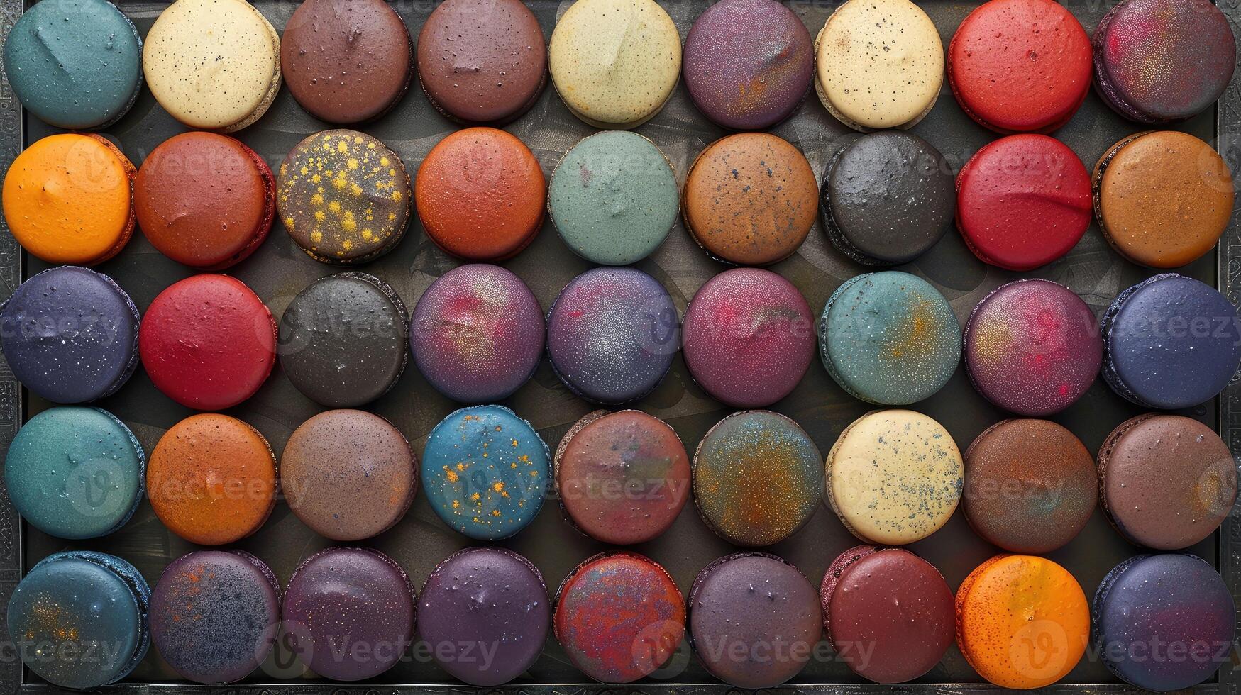 Colorful macarons arranged in a symmetrical pattern photo