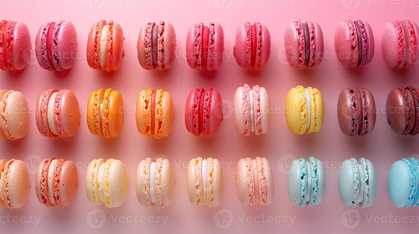 Colorful macarons arranged in a symmetrical pattern photo