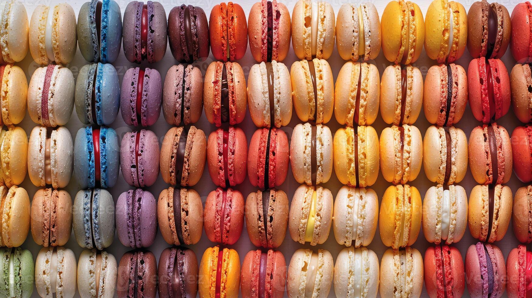 Colorful macarons arranged in a symmetrical pattern photo