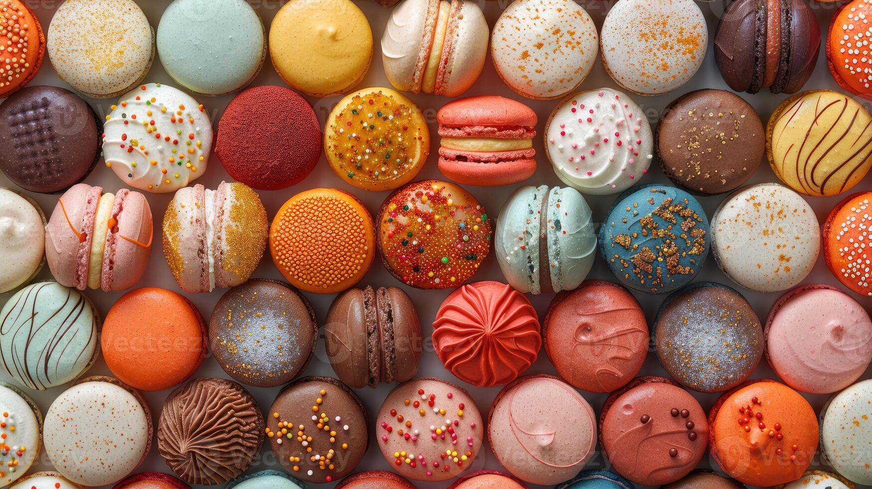 Colorful macarons arranged in a symmetrical pattern photo