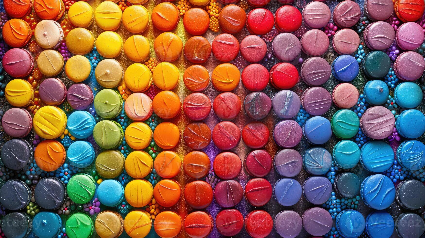 Colorful macarons arranged in a symmetrical pattern photo