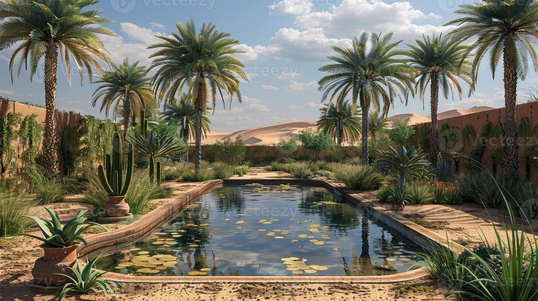 A tranquil oasis in a desert with palm trees and a small pool photo