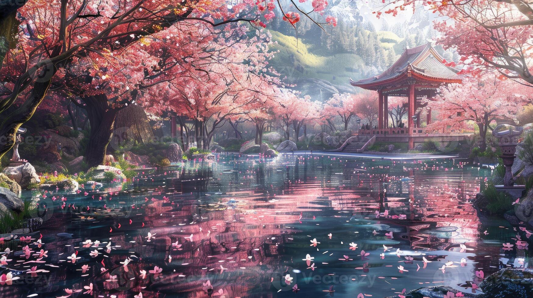 A tranquil pond surrounded by blooming cherry blossoms photo