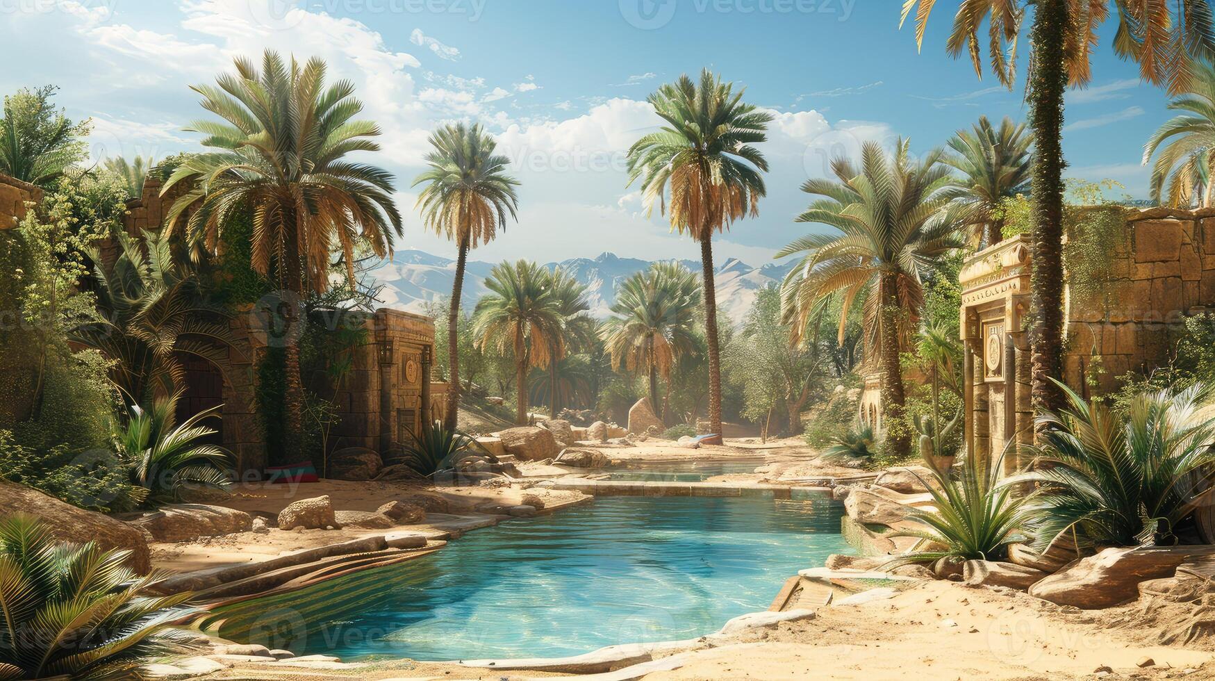 A tranquil oasis in a desert with palm trees and a small pool photo