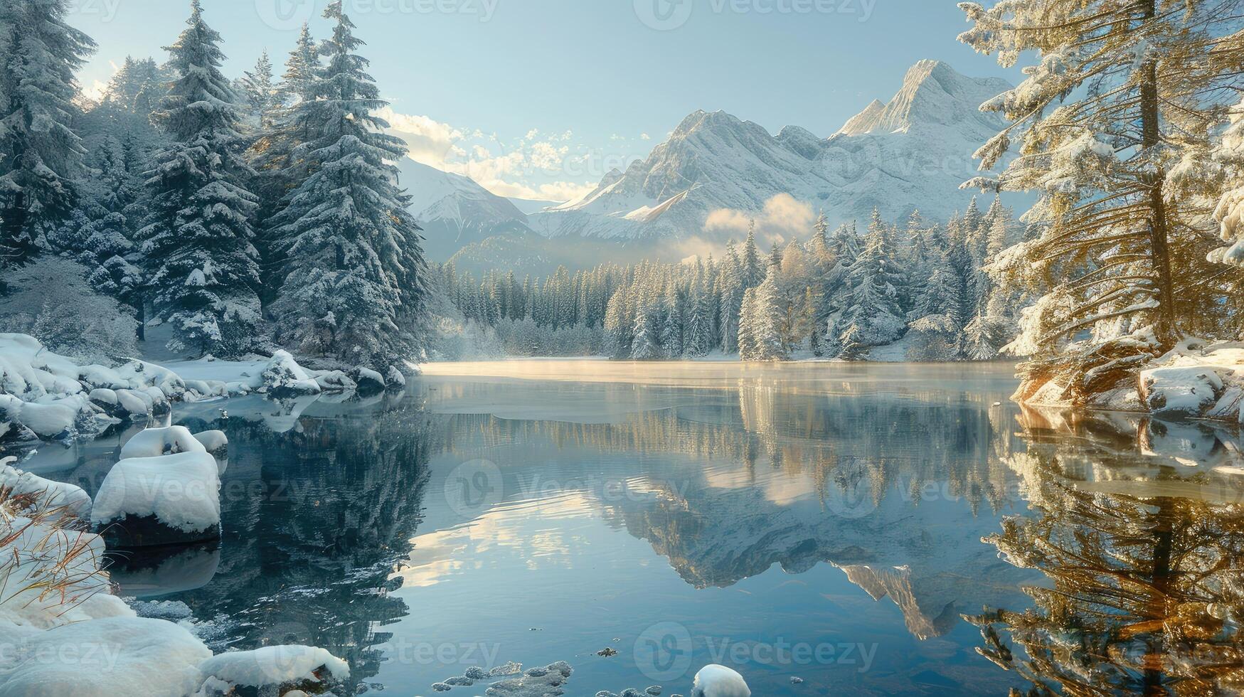 A tranquil lake surrounded by snow-covered pine trees photo