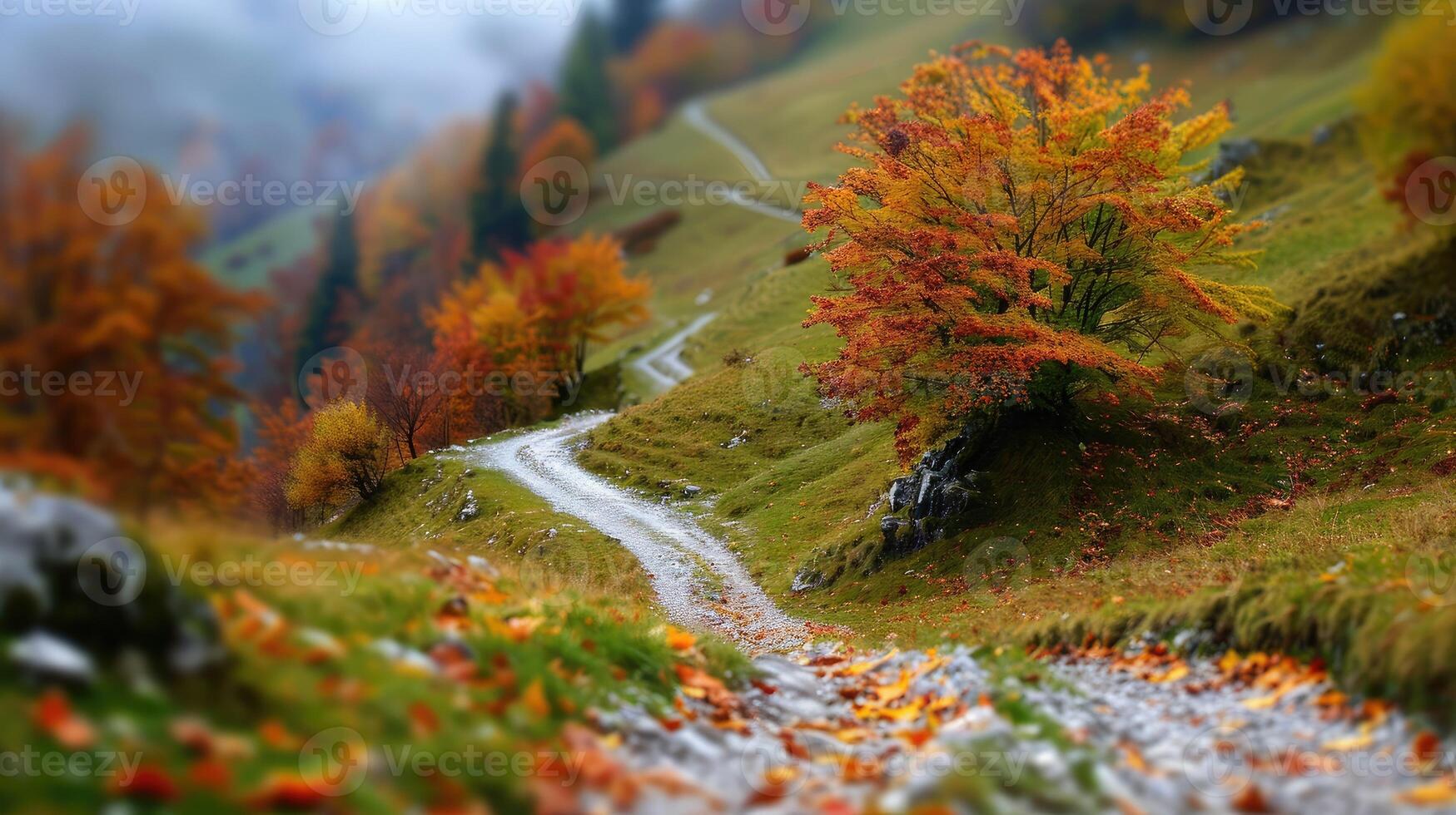 Colorful autumn foliage covering a winding mountain trail photo