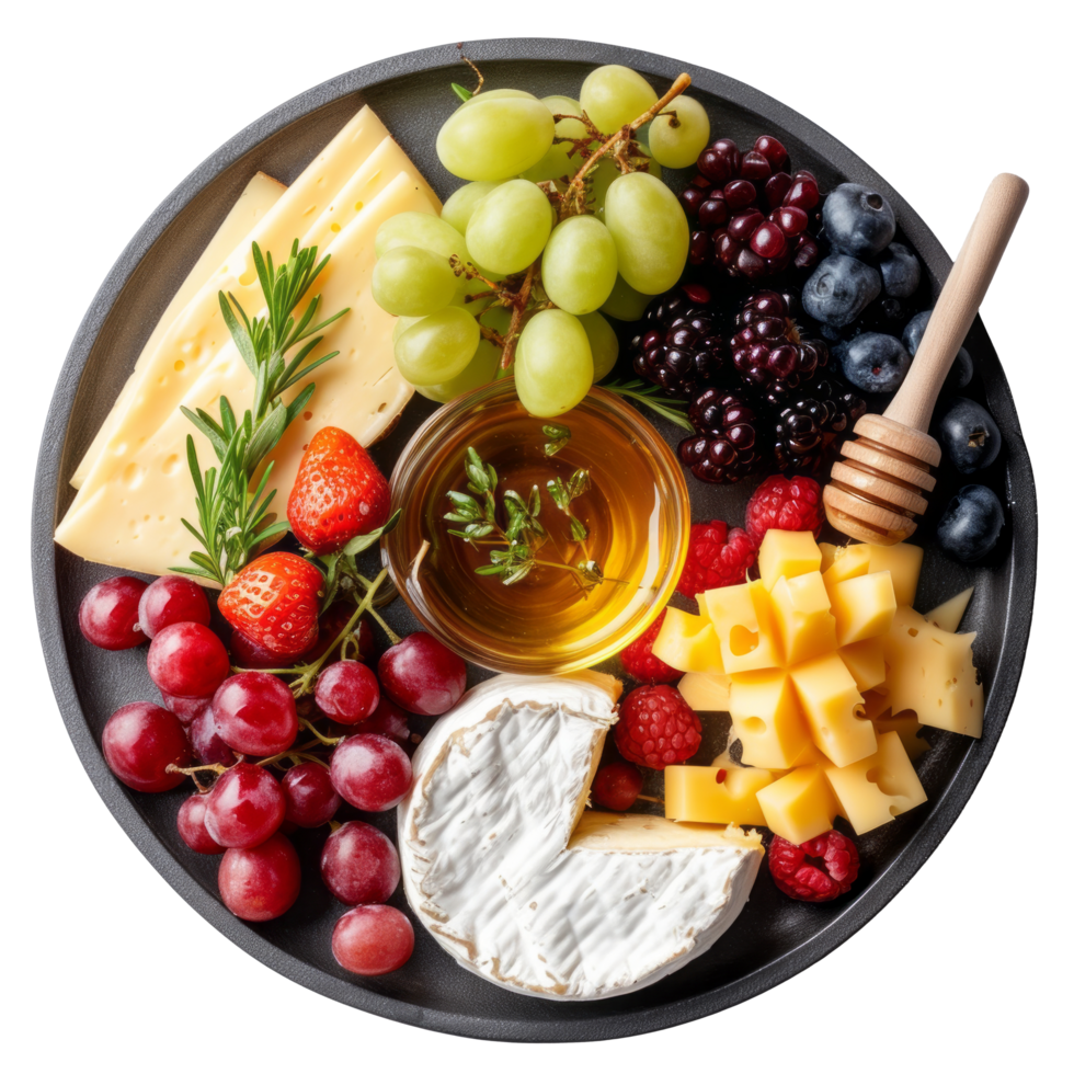 Cheese plate. Brie cheese served with fruits and honey on gray plate.isolated on transparent background With clipping path.3d render png