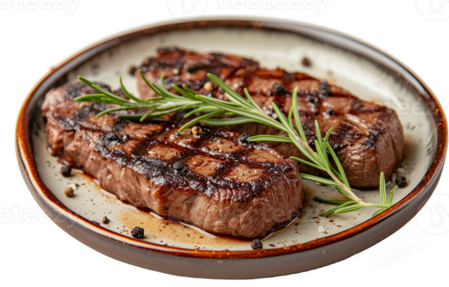 Beef steak served in plate on white background. Grilled steak, medium rare. png