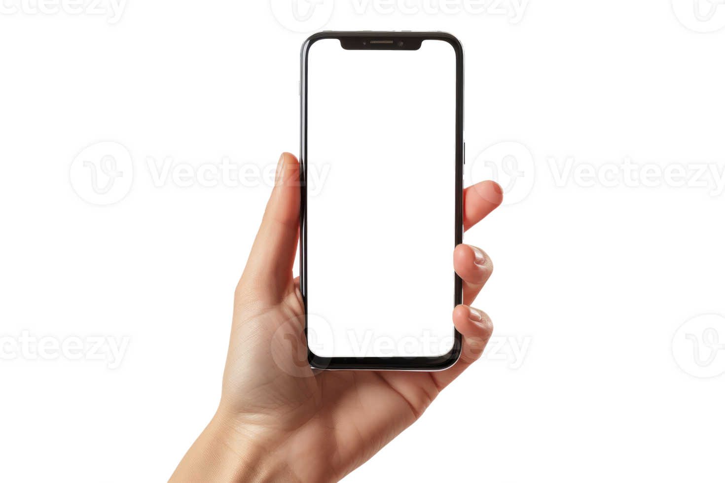 Blank white screen of Mobile phone with hand holding phoneisolated on transparent background With clipping path.3d rendering png